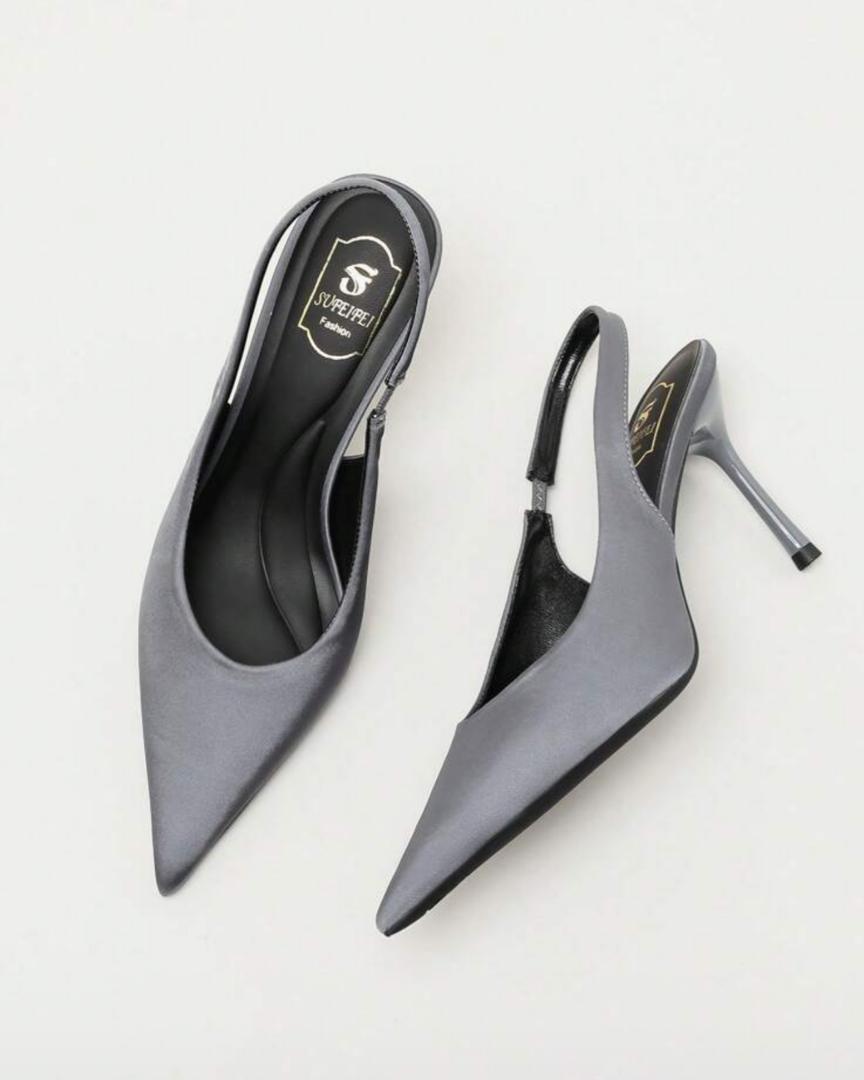Grey Satin Pointed Slingback Heels