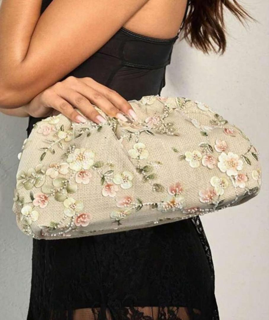 Floral Embroidered Beige Clutch
