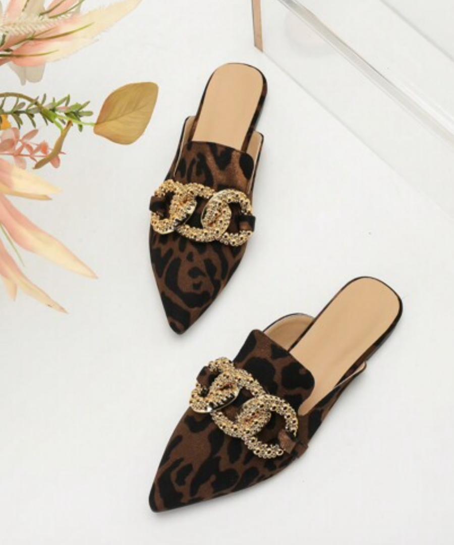 Leopard Print Pointed Mules with Gold Chain Detail