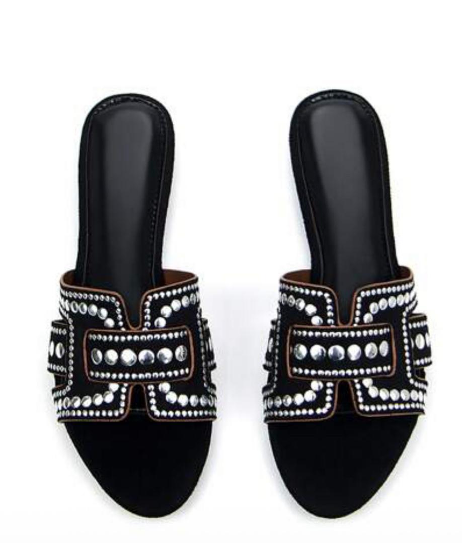 Black Studded Flat Slides
