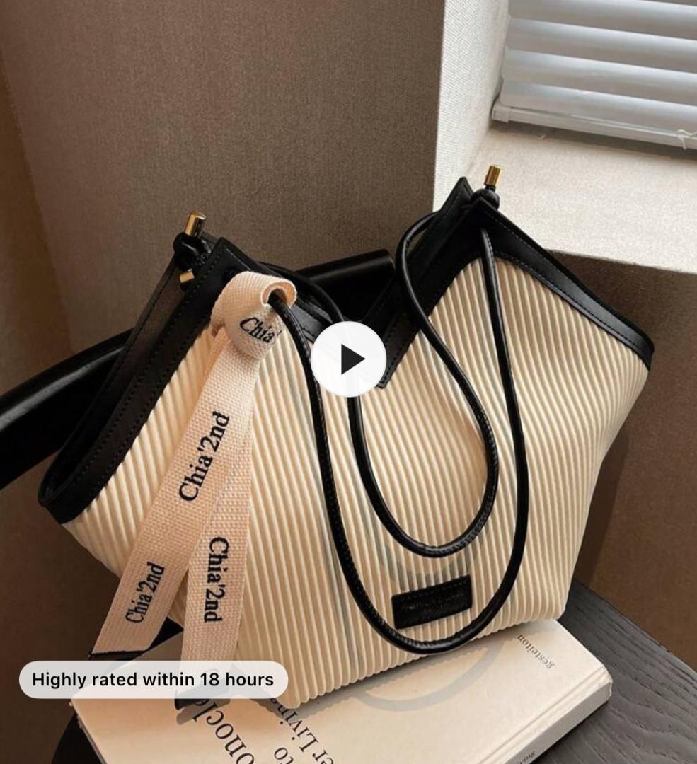 Pleated Canvas Tote with Black Accents