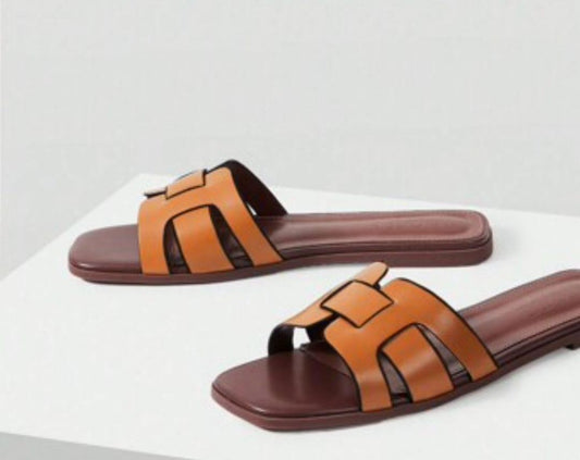 Tan Leather Flat Slides