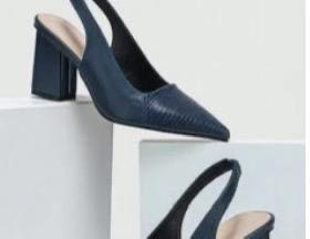 Navy Blue Textured Block Slingbacks –