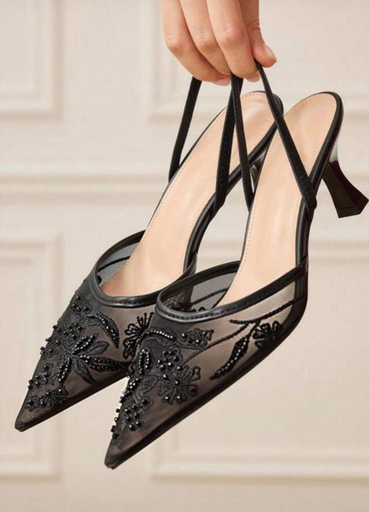 Black Mesh Embroidered Slingbacks