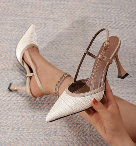 Beige Textured Pointed Slingbacks