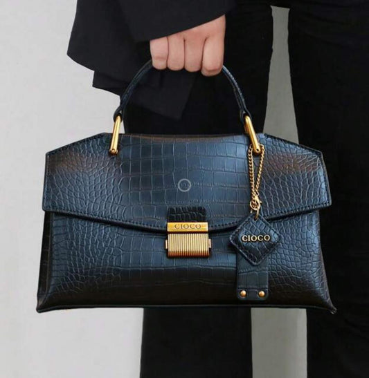Black Croc-Embossed Handbag with Gold Accents