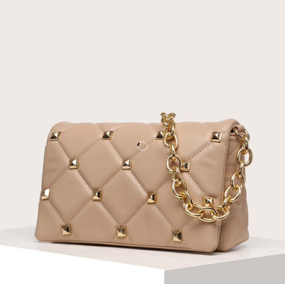 Nude Quilted Studded Chain Bag