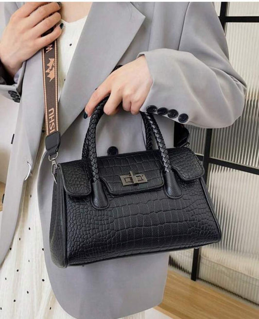 Black Croc-Embossed Structured Bag (Repeat Design)