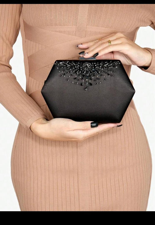 Black Hexagon Clutch with Bead Embellishment