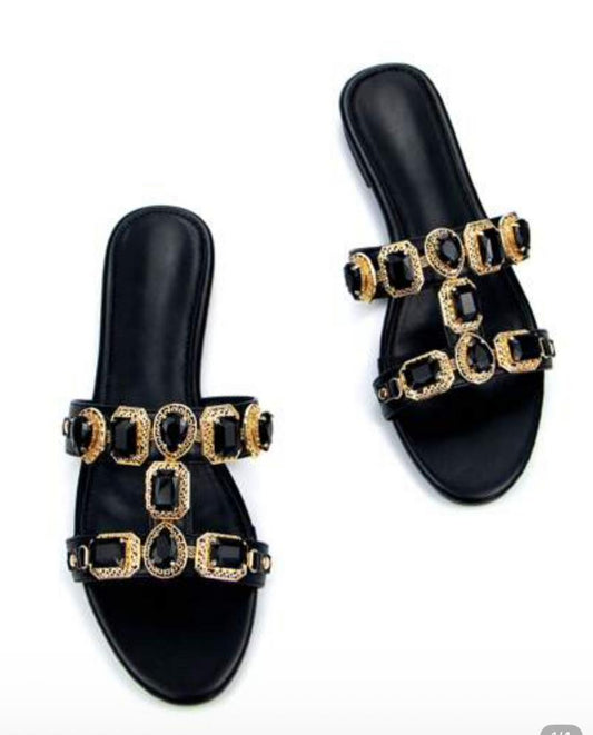 Black Embellished Flat Sandals