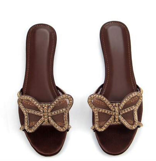 Brown Slides with Rhinestone Butterfly