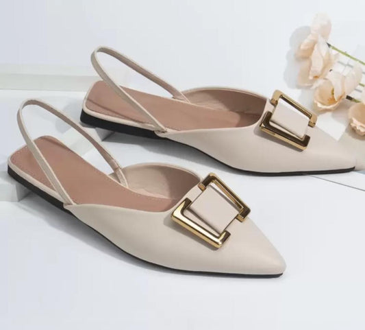 Beige Slingback Flats with Gold Buckle