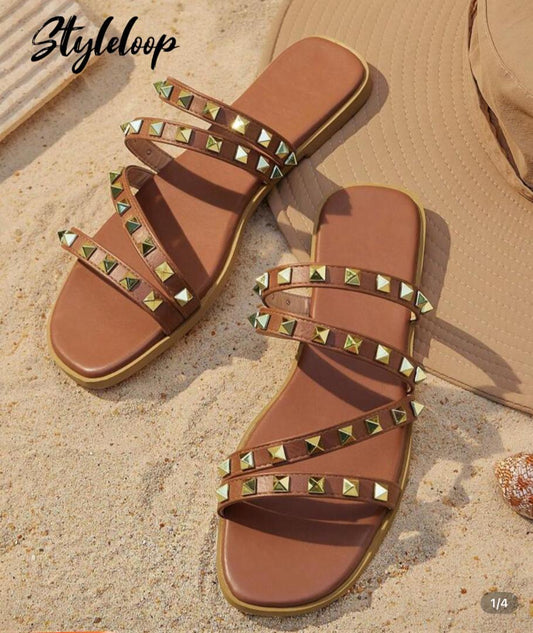 Brown Studded Flat Sandals
