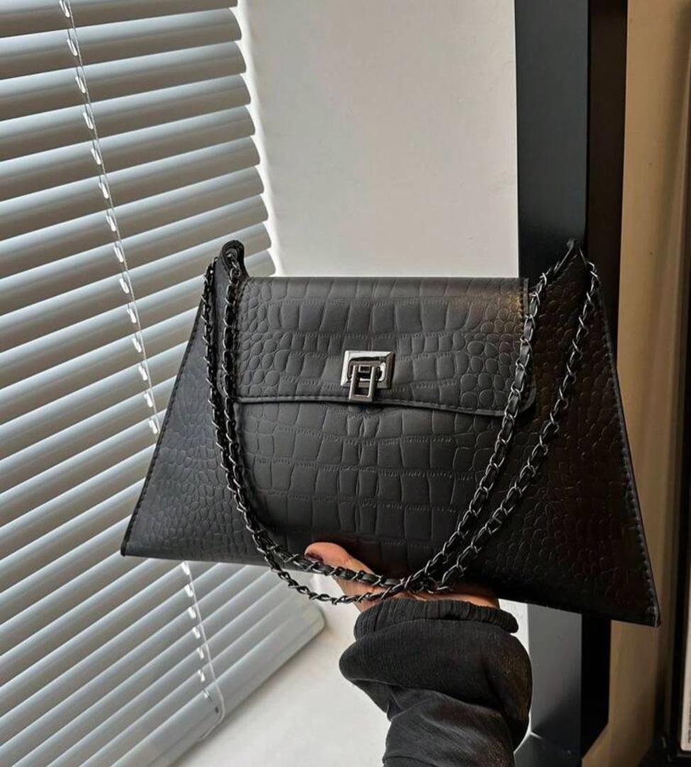Black Croc-Embossed Chain Bag