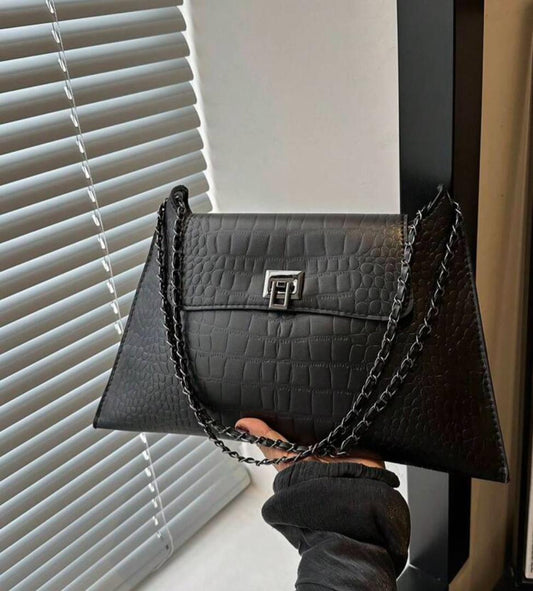 Black Croc-Embossed Chain Bag