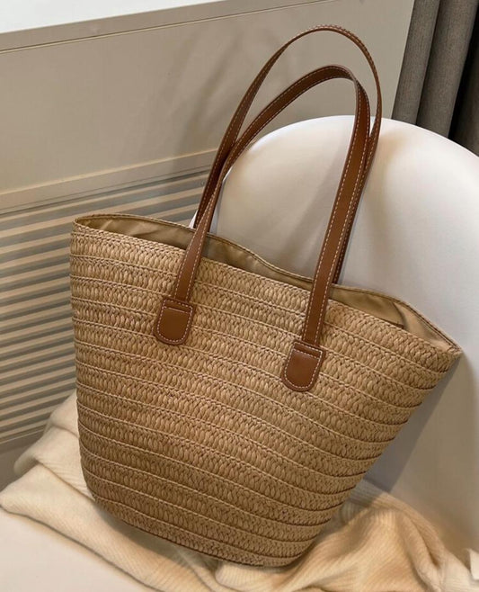 Classic Woven Tote Bag with Leather Straps
