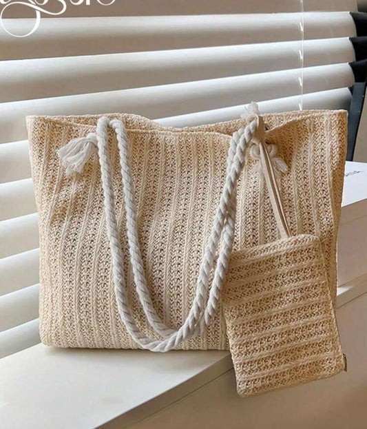 Beige Knitted Tote Bag with Pouch